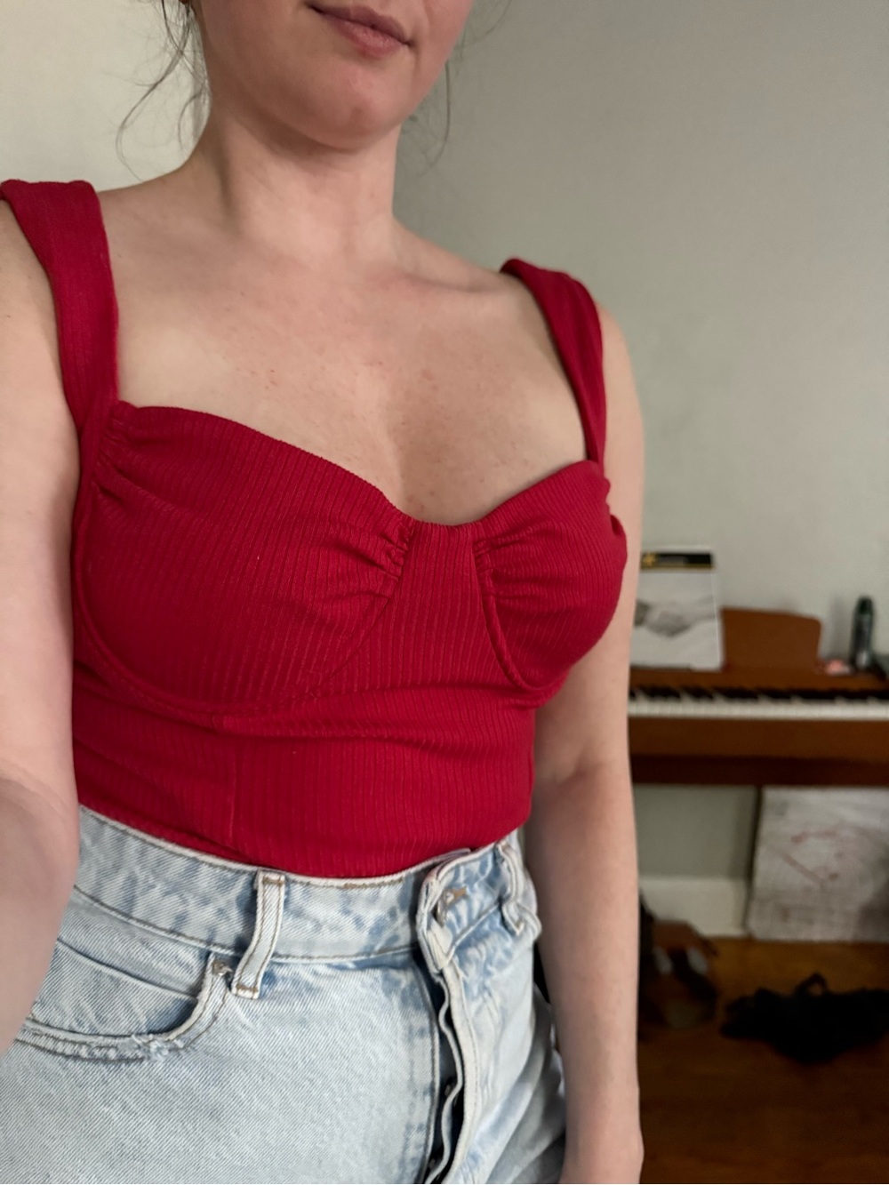Red Ribbed Bustier Bodysuit - Picture 3 of 4